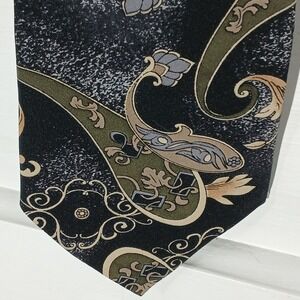 Towncraft Paisley‎ Necktie Black Gold Green Floral Pattern Vintage